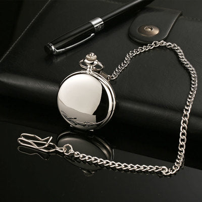 Retro Smooth Silver Polish Quartz Fob Pocket Watches Pendant with Chain