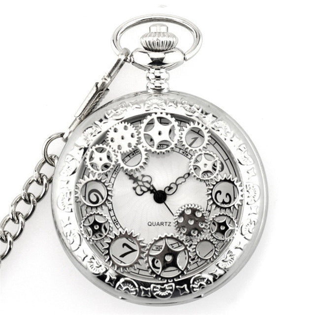 Retro Smooth Silver Polish Quartz Fob Pocket Watches Pendant with Chain